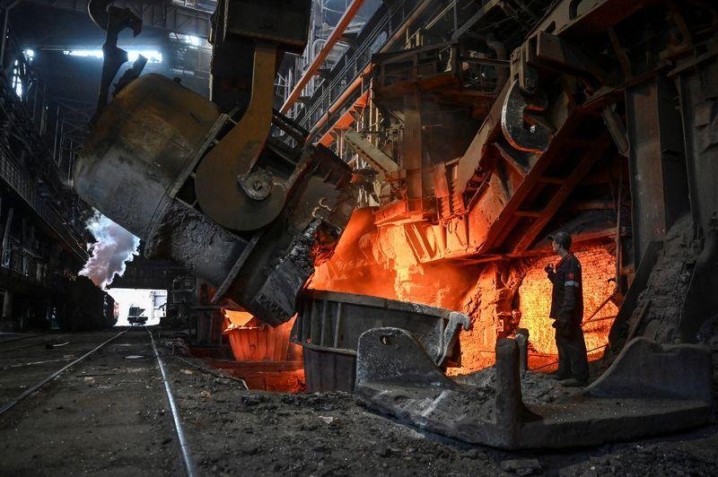 Freight train transporting steel materials across Ukraine amid tariff concerns
